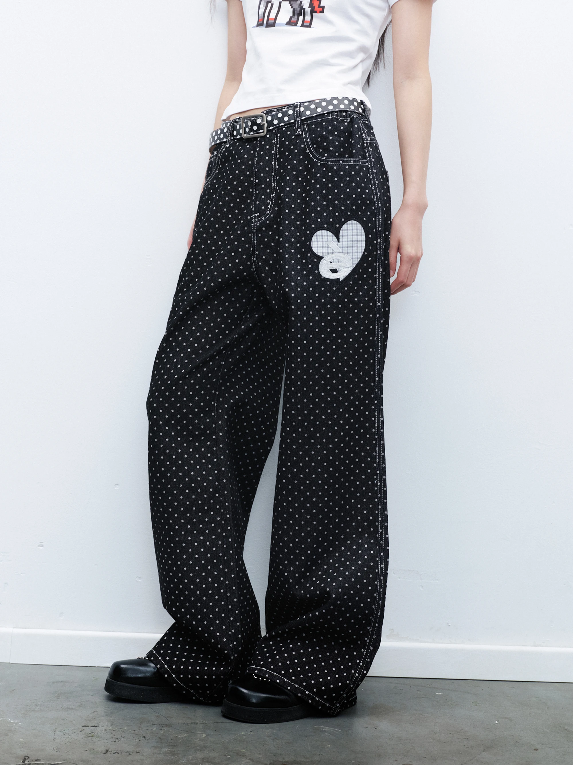 Sweet Heart Patch Embroidered Polka Dot Denim Jeans Straight Leg Long Trousers Design Sense Print Couple Student Youth Standa...