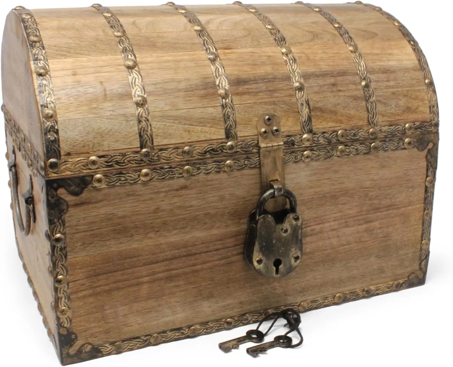 

Nautical Cove Antiqued Finished Wood Treasure Chest with Decorative Rivets Reinforcing Iron Strips with Lock and Skeleton Keys