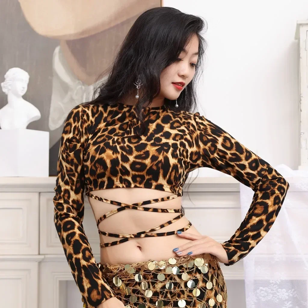 Conjunto de traje de dança do ventre com estampa de leopardo, calças superiores, cachecol de quadril, competição oriental, dança do ventre, roupa de prática profissional
