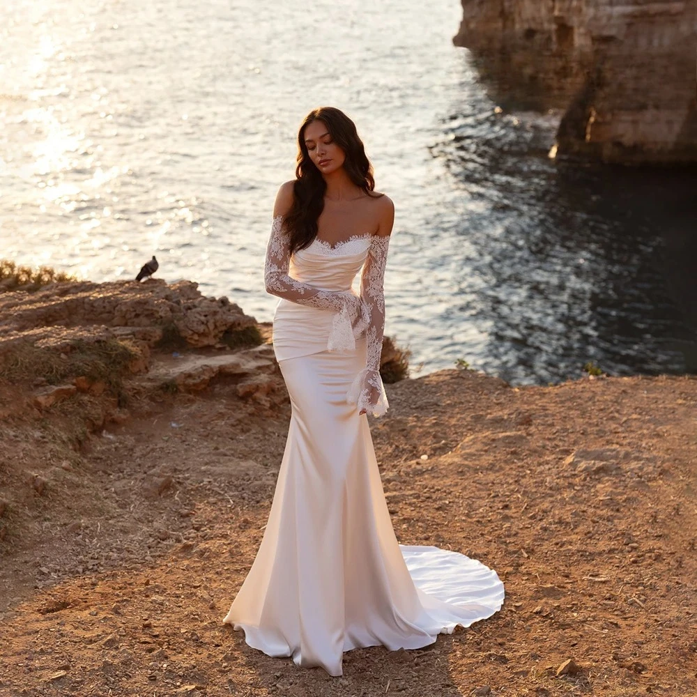 Elegant Long Sleeve Lace Mermaid Wedding Dress Women Off The Shoulder Pleat Open Back Bridal Gown Vestidos De Novia Customized