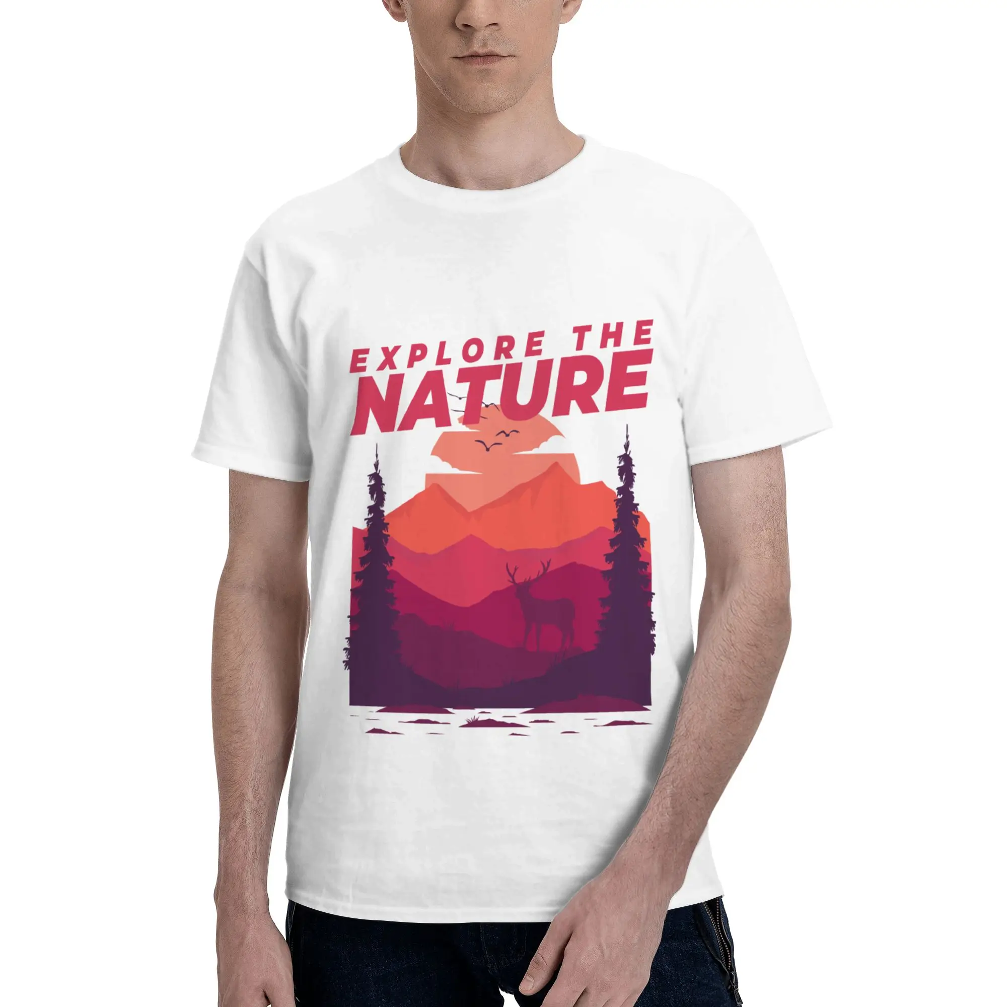 Explore The Nature Mountain Sunset Print Men's T-Shirt Clothes  Tees Short Sleeve fugees Cotton