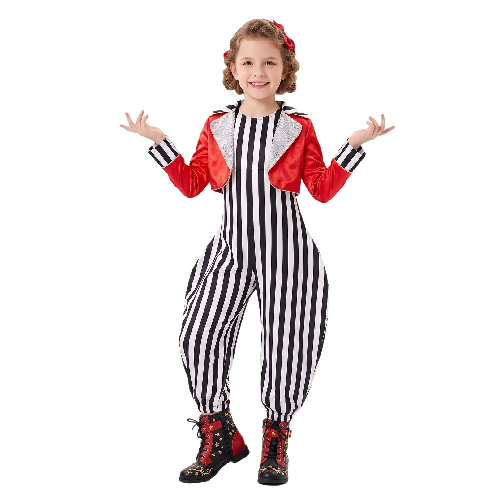 Kids Girls Boys Circus Ringmaster Costume Sequin Dots Long Sleeve Satin Jacket with Striped Jumpsuit for Halloween Cosplay Party