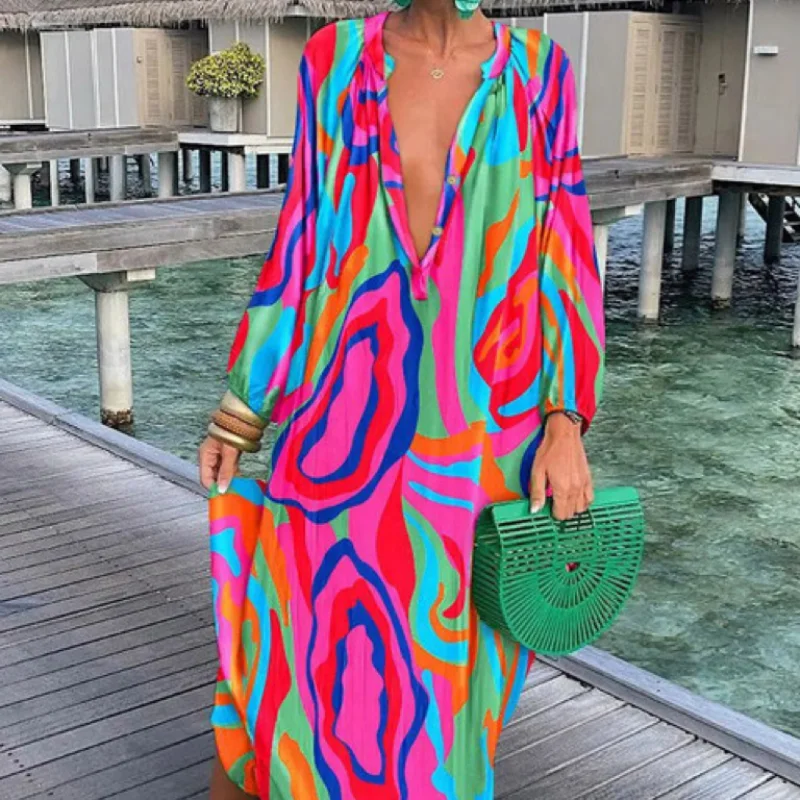 Camicetta da spiaggia elegante abito autunnale con scollo a v ampio abito stampato bohémien a maniche lunghe per le donne