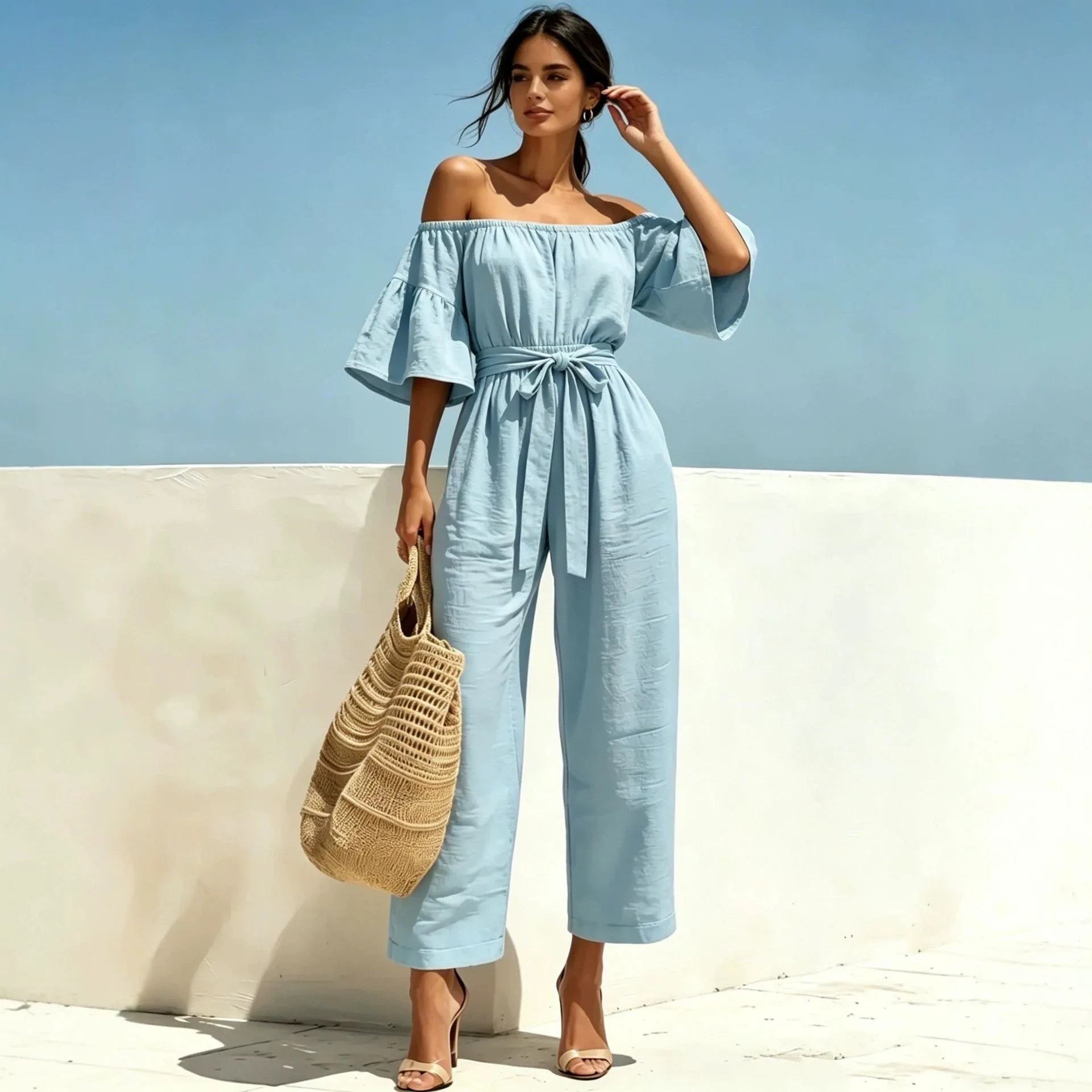 Women's Summer Jumpsuit Casual Tie Waist Romper Light Blue Off Shoulder Overalls Wide Leg Cropped Length Beige Black Jumpsuits