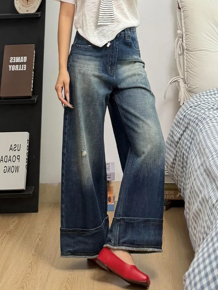Retro American Loose Women's Jeans Summer Hot Girl Cuffed Design Versatile Floor-Length Pants Wide Leg Lazy Style Natural Waist
