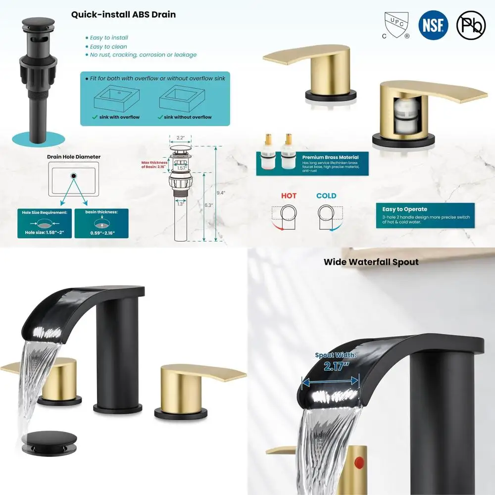 

8 Inch Widespread Bathroom Faucet Set with 3 Holes, 2 Handles, Pop-Up Drain, and Water Lines in Brushed Gold and Black Finish