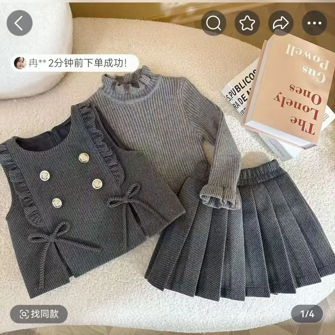 Autumn Winter Clothing Sets 3PCS Thick Warm Elegance Vest+Pleated Skirt+Knit Sweater Girls School Suit Kids Fashion Kids Costume