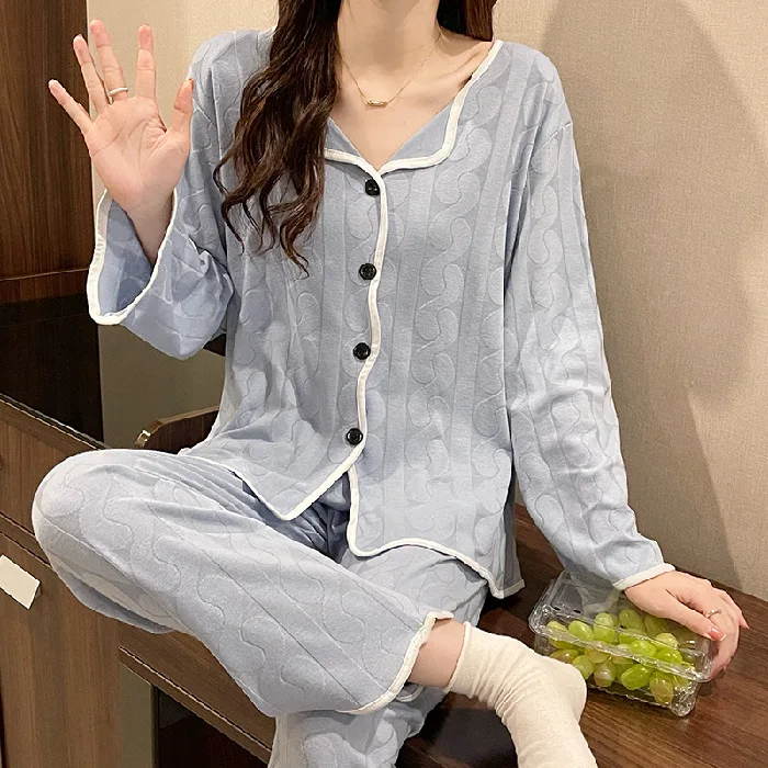 Ms. Korean Version of The Sweet Jacquard Long-sleeved Long Pants Pajamas Home Wear Ms. Loose Lapel Simple Net Red Live Set Women