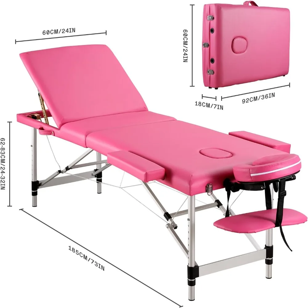 Portable Massage Table Professional Massage Bed 3 Fold 82 Inches Height Adjustable for Spa Salon Lash Tattoo Carrying Bag Black