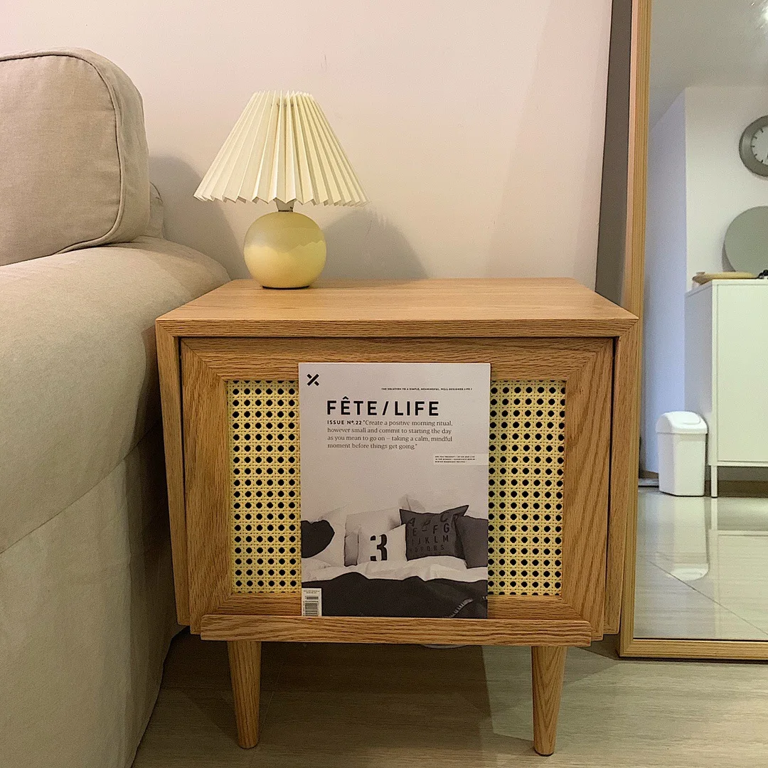 Solid wood rattan bedside table, simple homestay bedroom storage, natural wood color