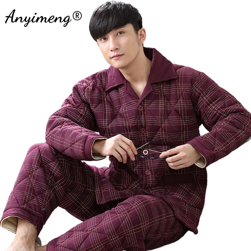 Winter Men Pajama Sets Thick Warm Three Layer Cotton Wine Red Pajama Plus Size L-3XL Nightwear Three Layer Cotton Man Pijamas