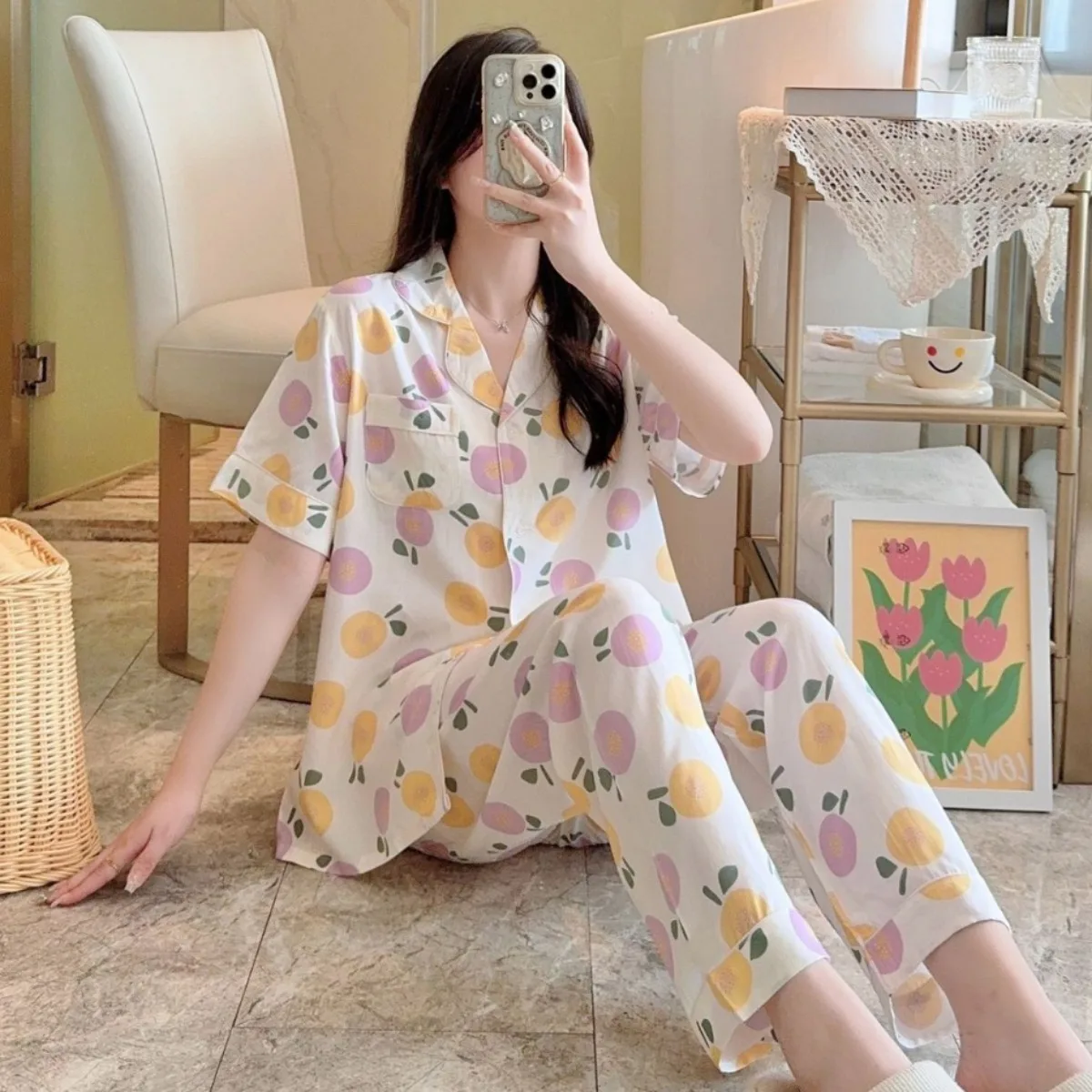 Short Sleeve Pants Floral Print Woman Satin Pajama Sets Ensembles 2 Piece Two-Piece Outfit Lounge Women Pijama Sleepwear Pj