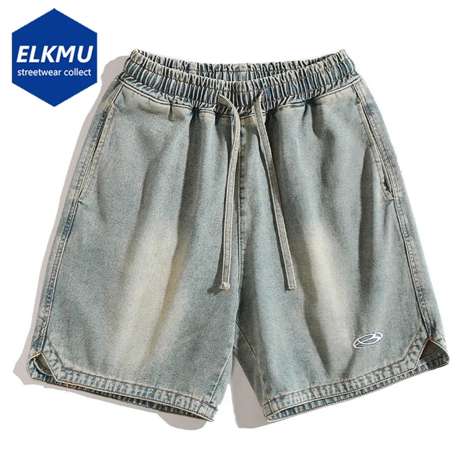 

2024 Men's Vintage Blue Denim Shorts Summer Black Loose Casual Jeans Shorts Embroidery Elastic Wasit Shorts