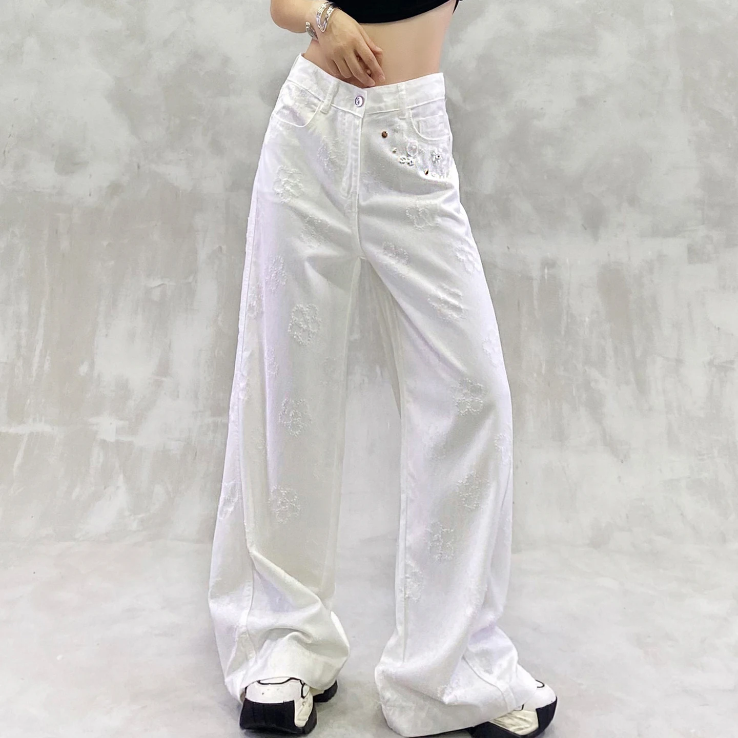 2025 Summer and Autumn New Women's Jacquard Decorative Casual Jeans High Waist Loose Slimming Versatile Straight Wide-Leg Pants