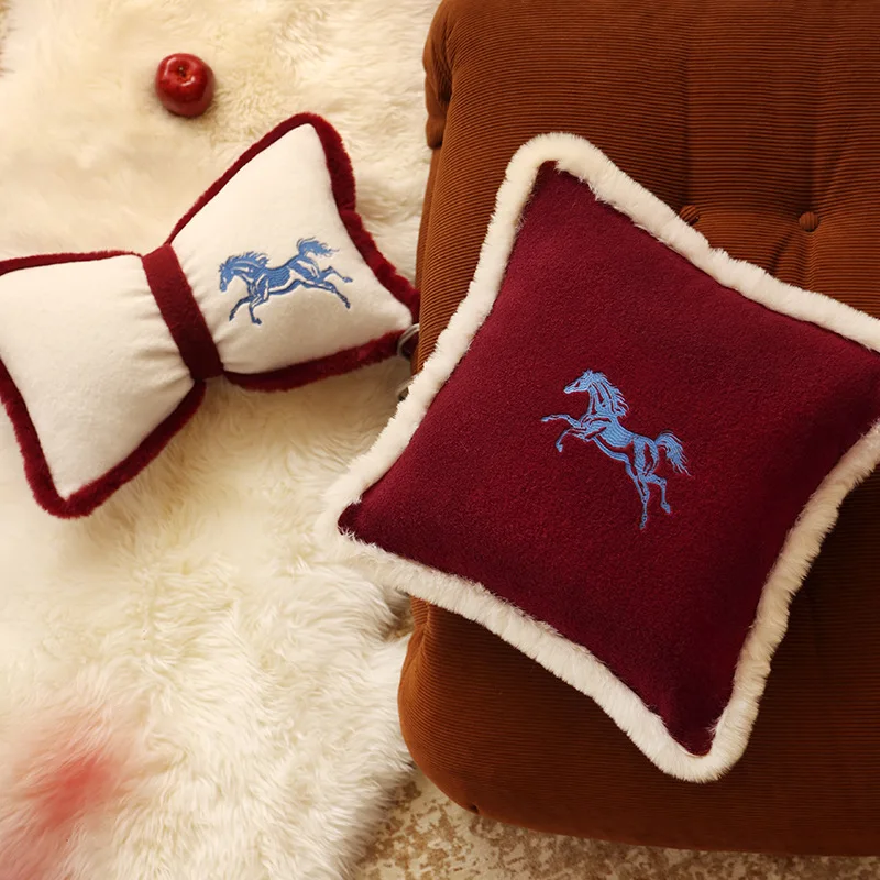 Little Horse Embroidered Throw Pillow Cover Stunning Cushion Case For Christmas New Year Home Decor Bow Sofa Cushion Waist Cover