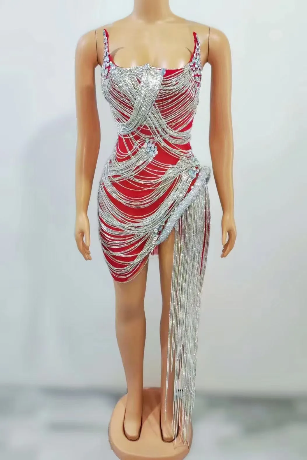 Vestido de noche con diamantes de imitación para mujer, traje Sexy transparente, ropa de escenario, cadenas, cristales, celebración de cumpleaños, baile de graduación