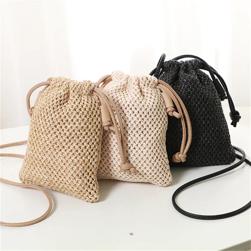 Women Ladies Straw Bag Retro Rattan Tote Handbag Woven Summer Beach Shoulder Bags Drawstring Bag Purses City Bag Sport Tote