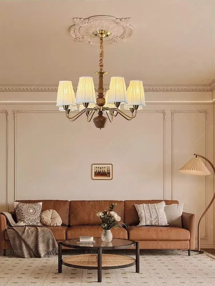 French style antique living room solid wood pendant light, nostalgic style fabric homestay bedroom light, retro restaurant light