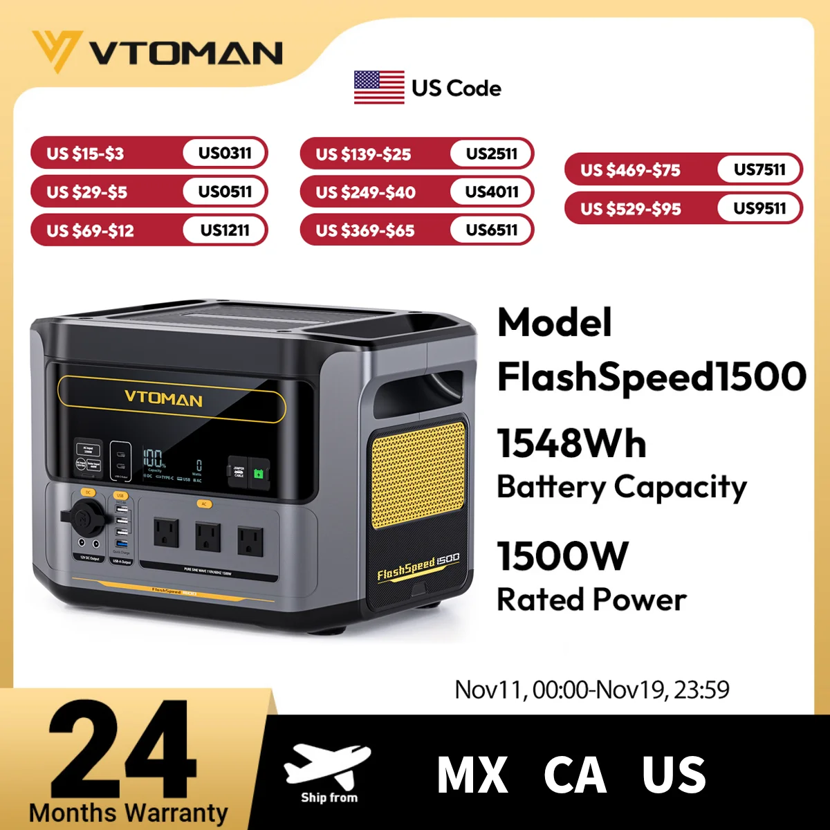 

VTOMAN FlashSpeed 1500 1548Wh Power Station LiFePO4 Battery with 3000W Peak Emergency Power for RV Home Outdoor Camping110V