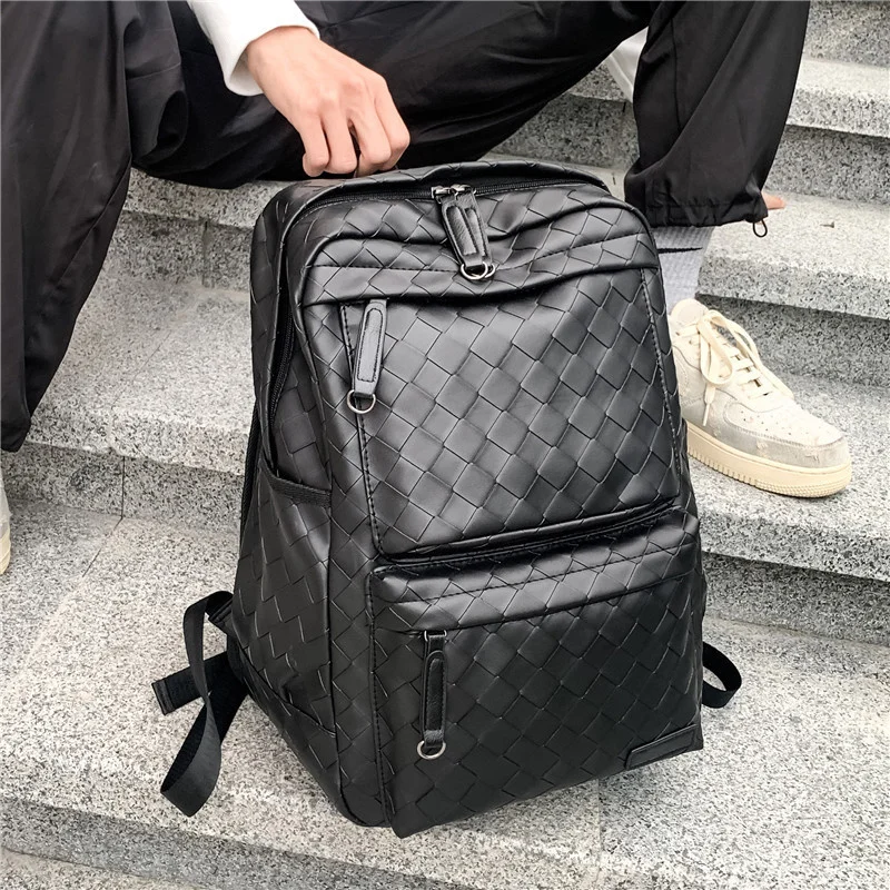 Mochila tejida de cuero Pu informal coreana para hombres, bolsa de viaje de ocio versátil, gran capacidad, moda para estudiantes, bolsas para computadora portátil