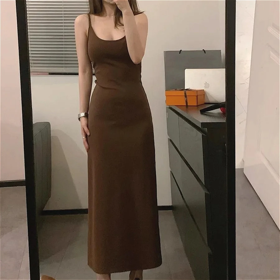 

2026 Sling Dress Women Long Dresses Knitted Vestidos Y2k Streetwear U Neck Sleeveless Elegant Splice Party Bodycon High Waist