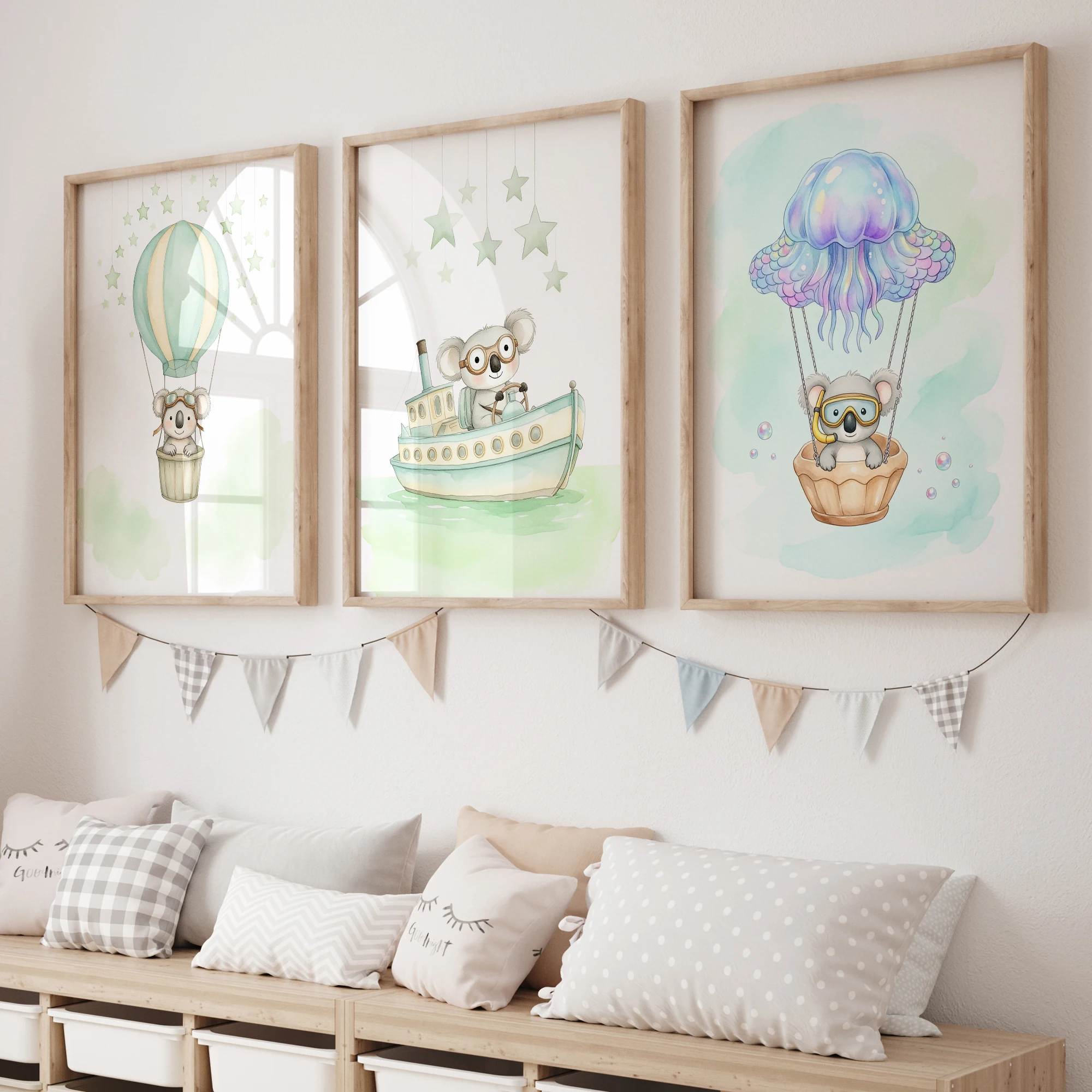 Cartoon Watercolor Sloth Riding A Hot Air Balloon Wall Art Print Canvas Painting Poster Picture For Kids Room Home Decor