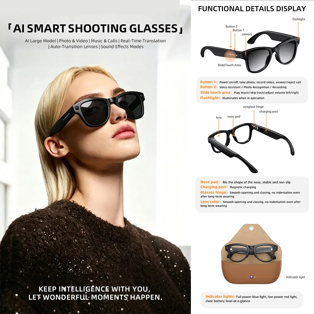 AI Smart Shooting Glasses Al Large Model Photo & Video Music & Calls Real-Time Translation Auto-Transition Lenses Smart Glasses