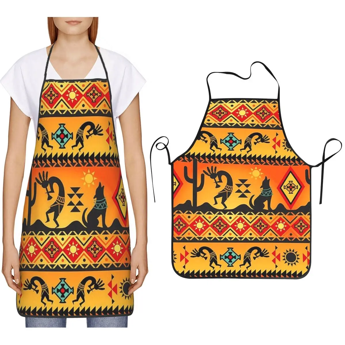 

African Tribal Native American Kokopelli Apron Chef Cooking Cuisine Tablier Bib Kitchen Cleaning Pinafore for Women Men Painting