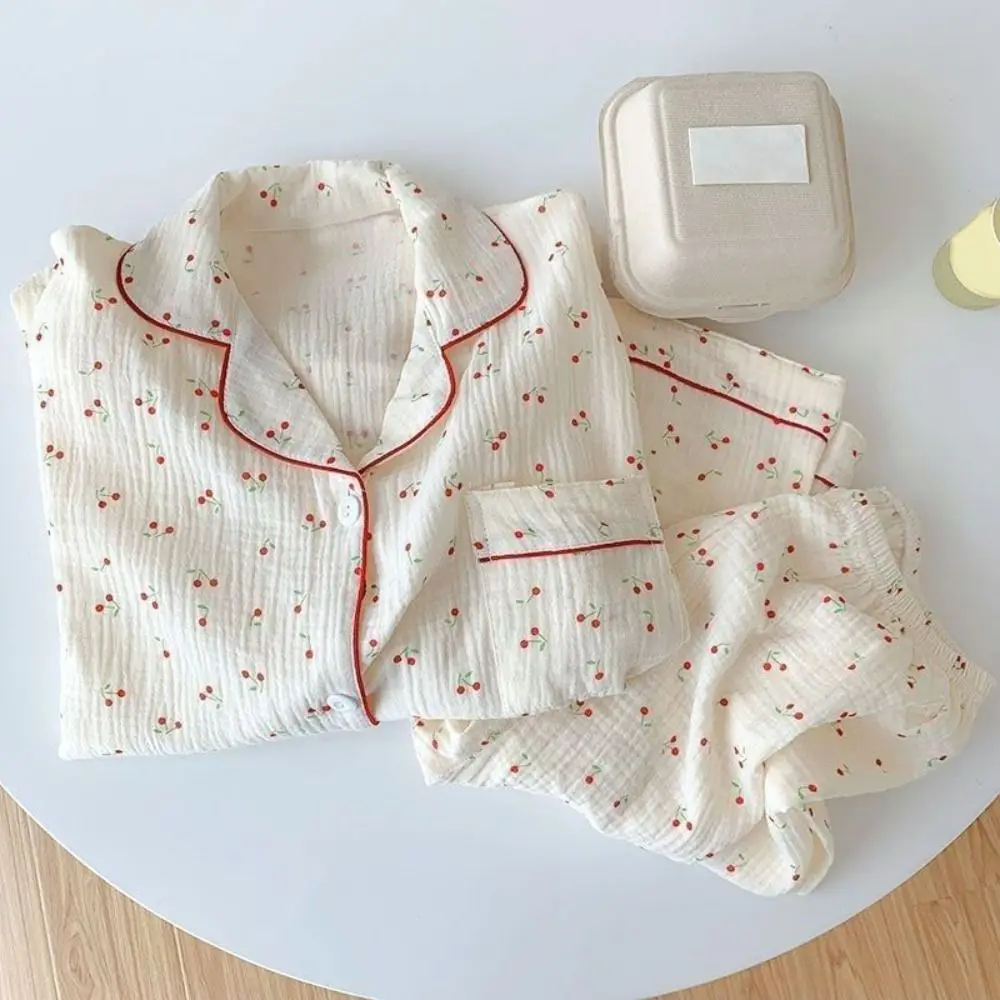 

Модные вишневые пижамы с рюшами, женские свободные пижамы из двух предметов с лацканами, ночная рубашка с длинными рукавами, домашняя одежда для сна