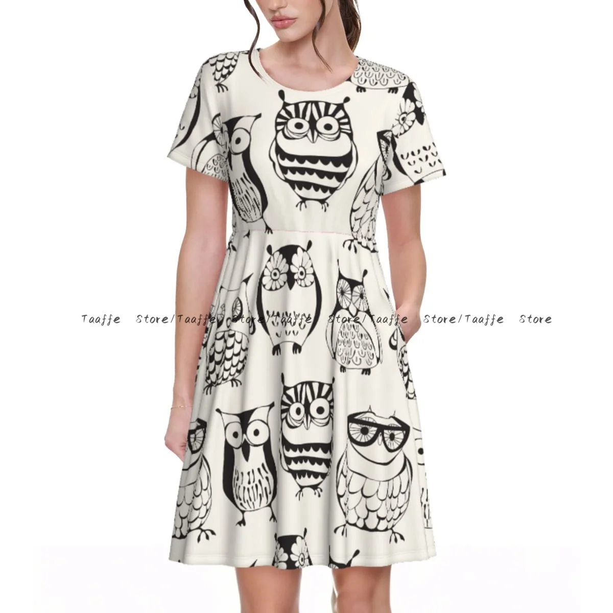 

Summer Cartoon Sleepy Owls Dress Women Casual Round Neck Short Sleeve Dress