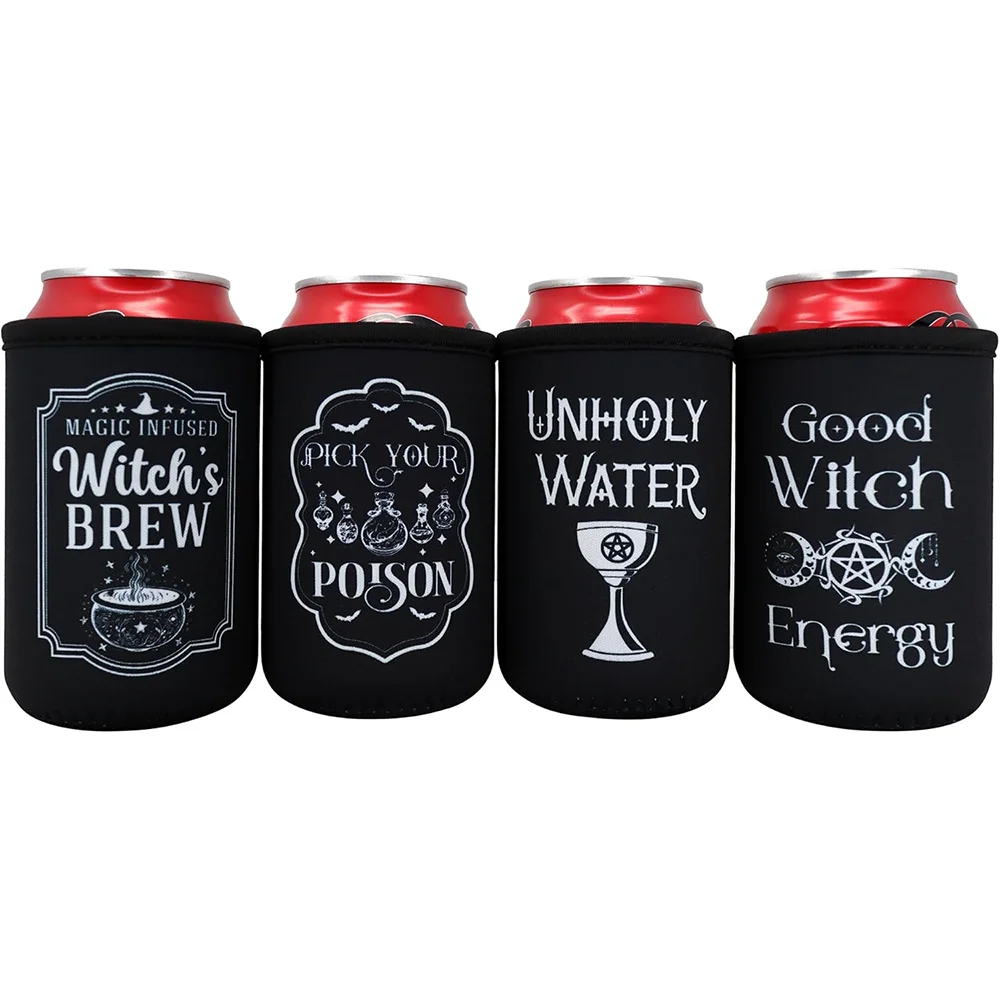 4-pack Funny Witch Stuff Can Cooler Sleeves Gothic Witchy Coolies  Accessories Gothic Gifts for Women Halloween Party Supplies