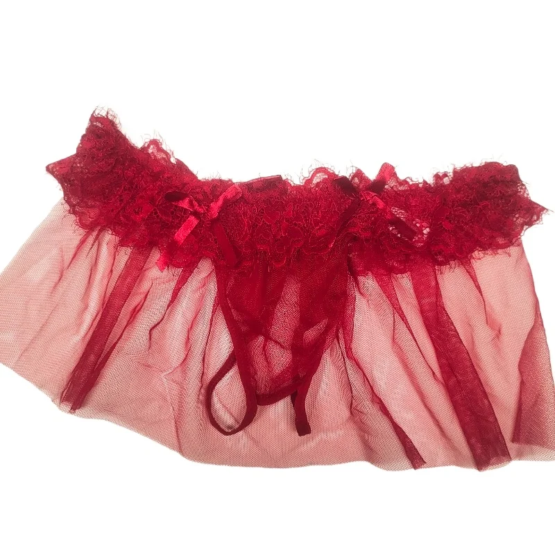

Women Sexy Lingerie See-Through Lace Bow T Thongs Pornographique Skirt Pants High Quality Seductive Mesh Crotchless Panties