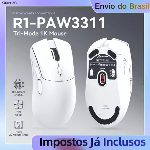 Mouse Gamer Sem Fio Attack Shark R1 2.4G USB Tri-mode Conexão Bluetooth 18K DPI 1000Hz com Macro, Envio do Brasil