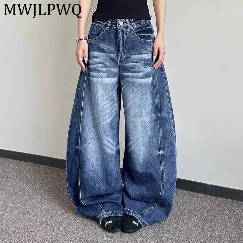 

MWJLPWQ Vintage Washed Pattern Deconstructed Curved Jeans Men Three-Dimensional Cut Silhouette Unisex Oversized Pants 14859
