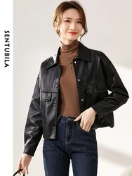 SENTUBILA Vintage Lapel Black Pu Leather Jackets for Women 2024 Autumn Winter New In Single-breasted Loose Short Coat Outwears