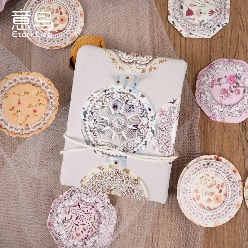 Etori Life 46pcs Colored Lace Flowers Sticker Student Stationery Sticker Notebook Hand Account Sticker Mobile Phone Sticker