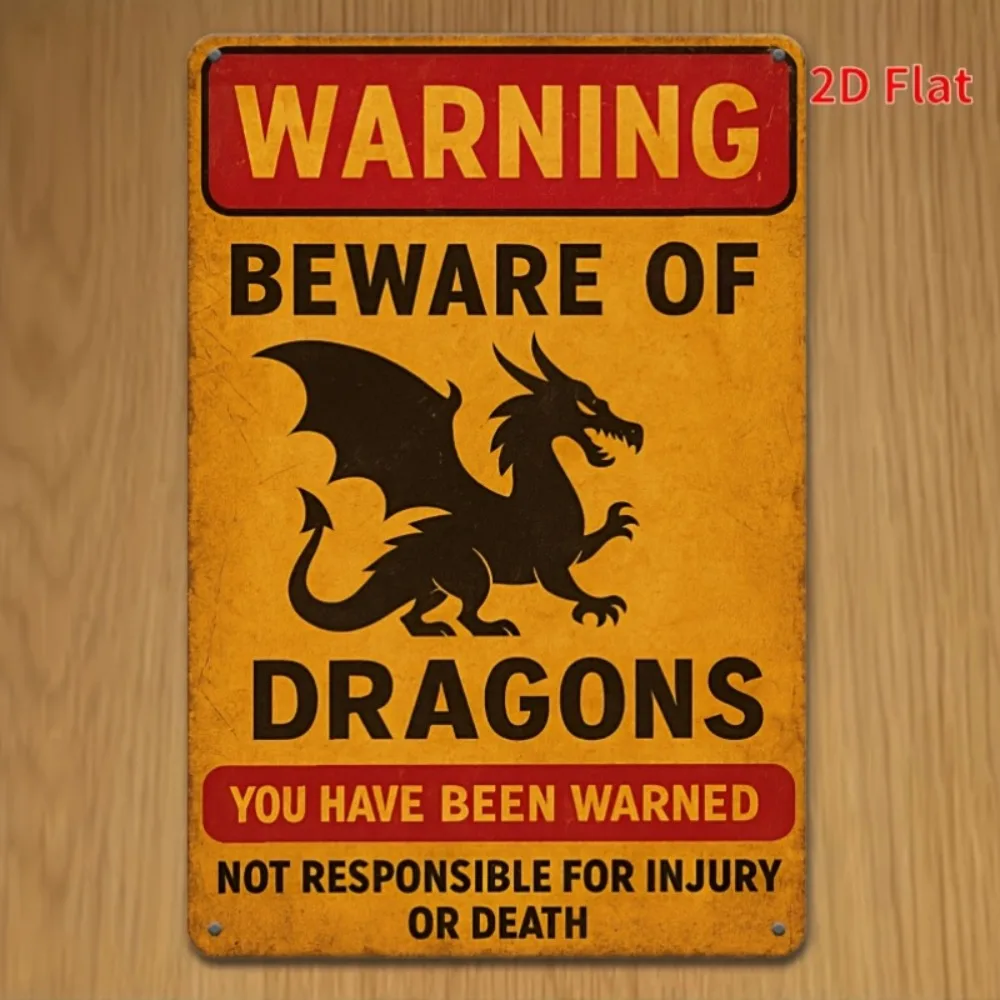 2D Flat, 1pc Vintage Beware of Dragons Warning Sign - Funny Fantasy Decor with Red & Yellow Danger Design