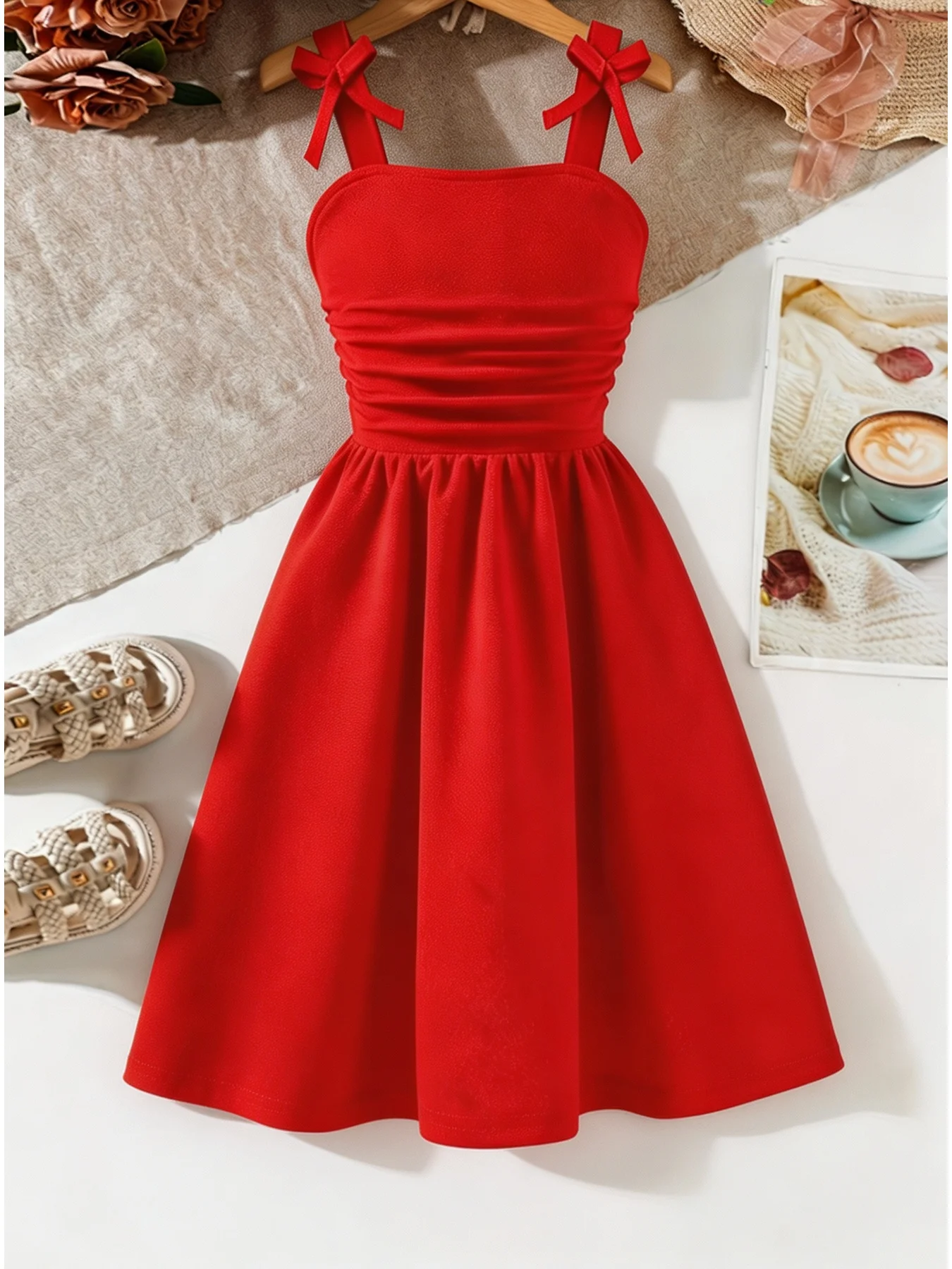 Children's Knee-Length Pleated Skirt with Thick Shoulder Strap Butterfly Bow Casual One Collar Waist Dress
