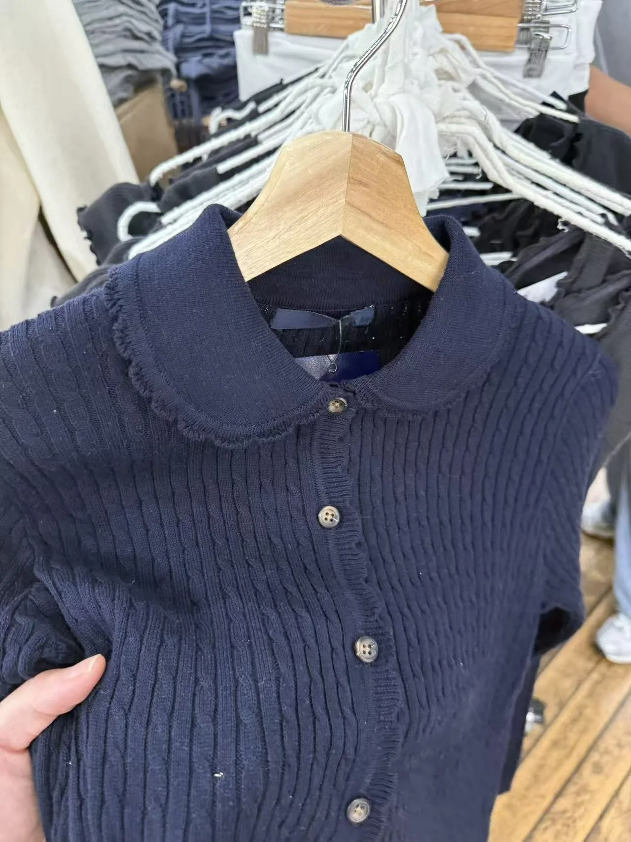 البحرية Twsit جيب كابل سليم سترة قصيرة سترة المرأة الدانتيل تقليم بيتر بان طوق بسيط عادية محبوك كم طويل ملابس خارجية #4