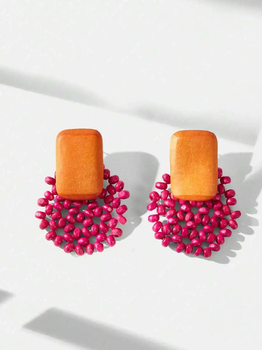 

Wooden Rectangle Top With Vibrant Pink Beaded Fan Design Statement Earrings For Women Beach Vacation Style
