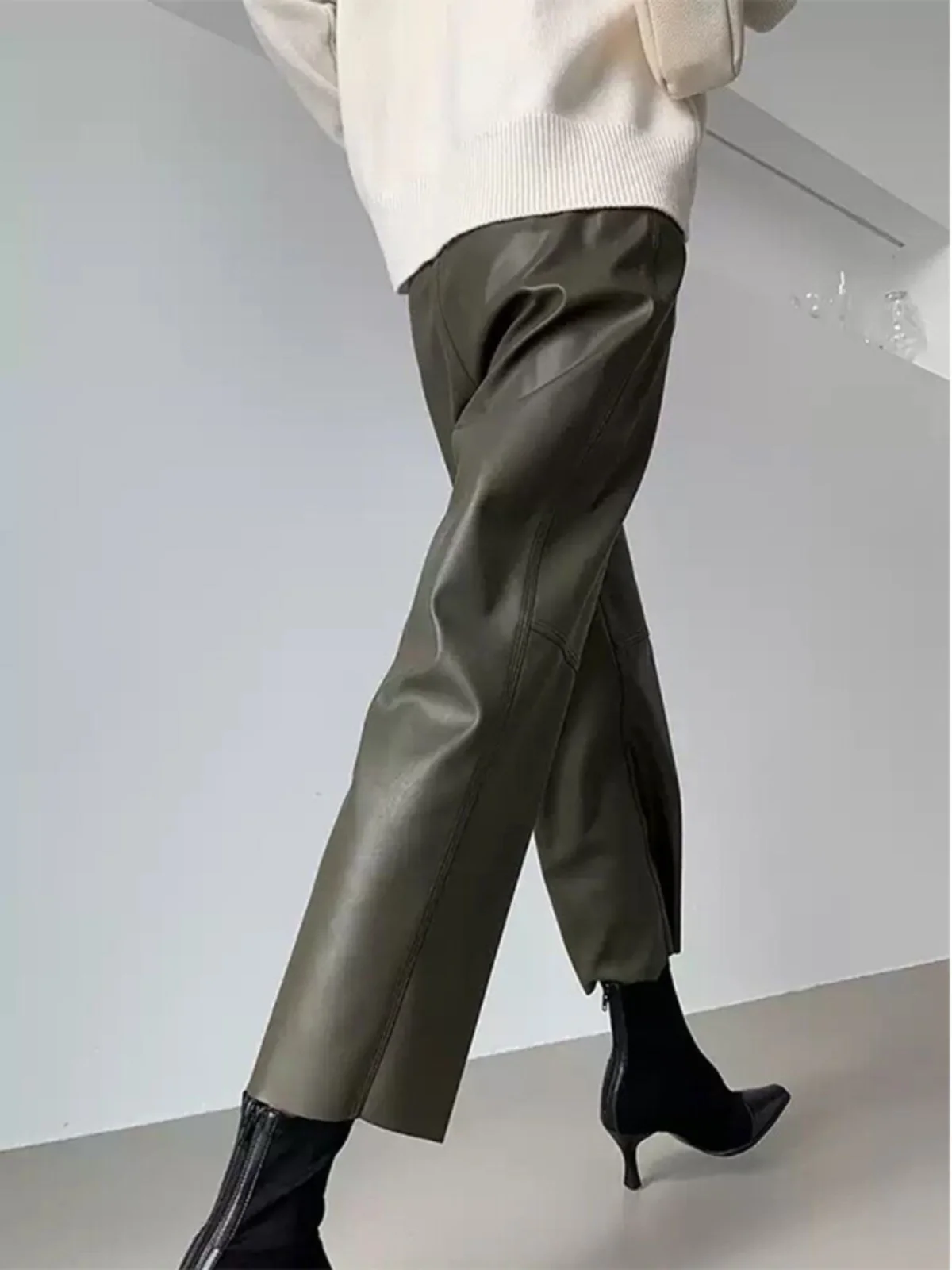 

Olive een Genuine Leather Pants High Waist Straight Leg Nine-Tenths Length Women's Ele Long Trousers Autumn Winter New ...