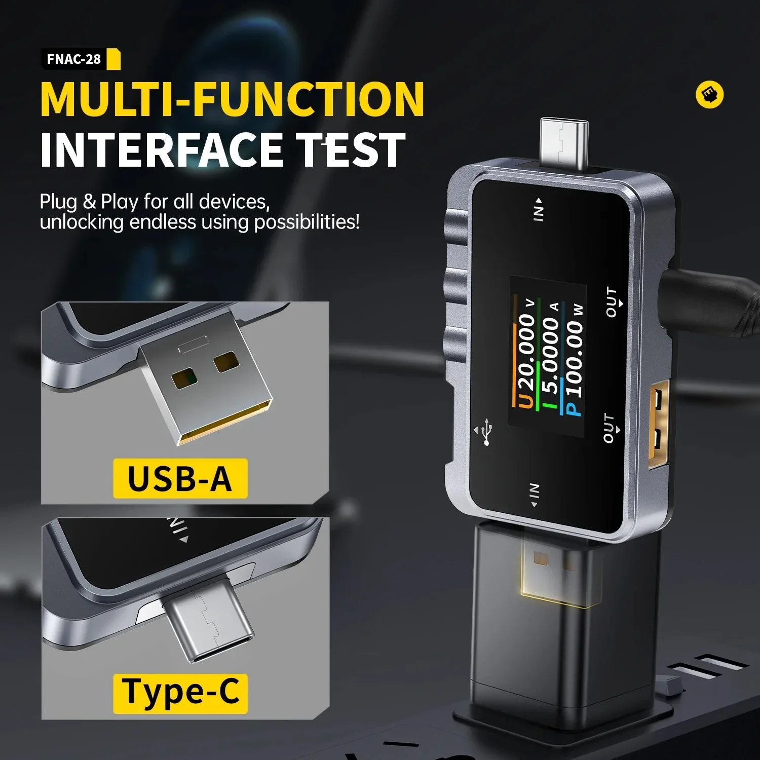 FNIRSI FNAC - جهاز اختبار USB 28 من النوع C - أداة 2 في 1، 6.5 أمبير، لقياس الجهد الرقمي والتيار، اختبار الكابل والشاحن