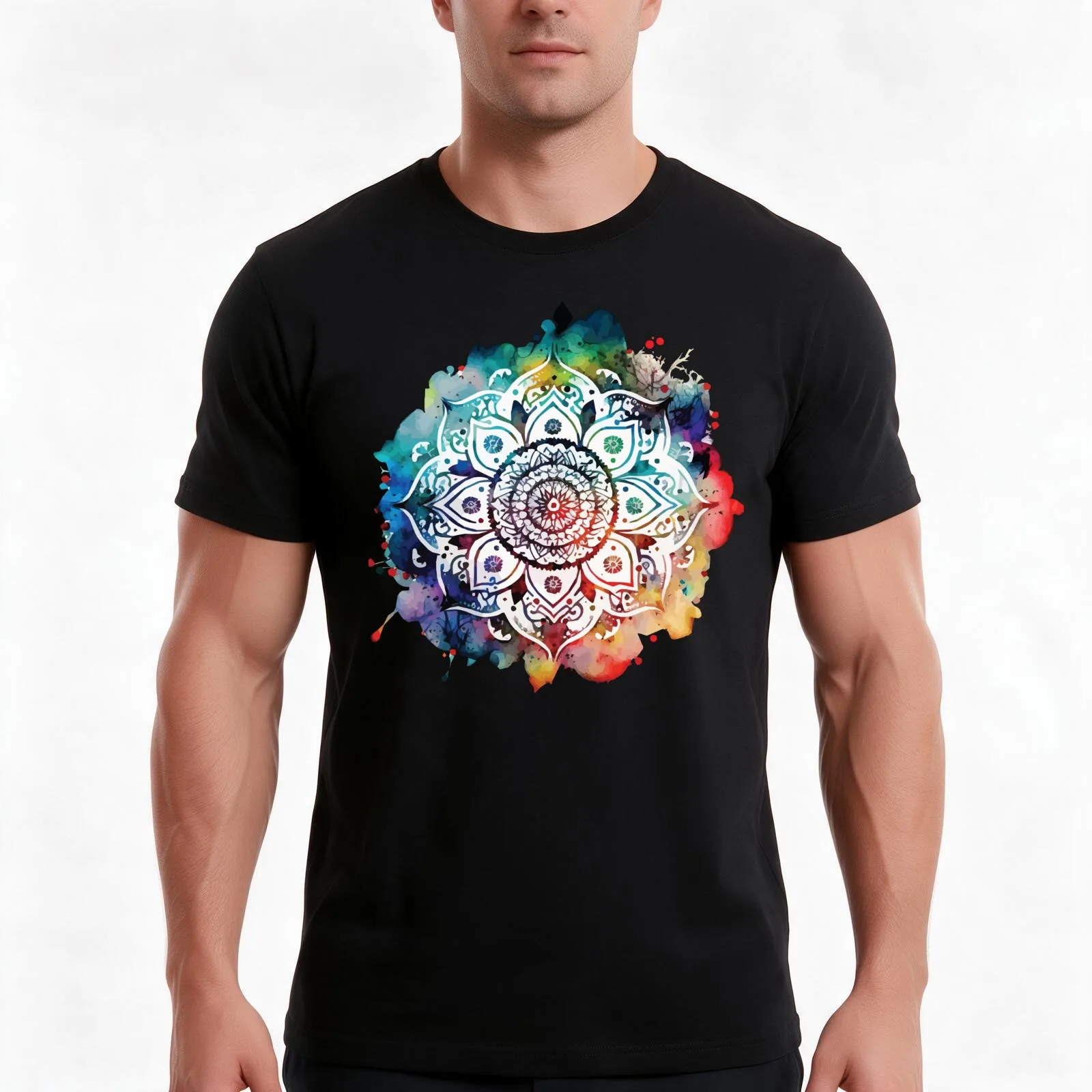 A Stencil Boho Mandala with Watercolor Background - Sacred Space Mandalas Collection T-Shirt Summer Casual Cotton Tee