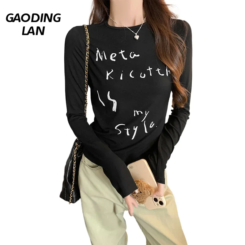 

Осень-зима, новые женские топы с длинными рукавами, креативный буквенный принт, модная нижняя рубашка, женские облегающие футболки с круглым вырезом, универсальные