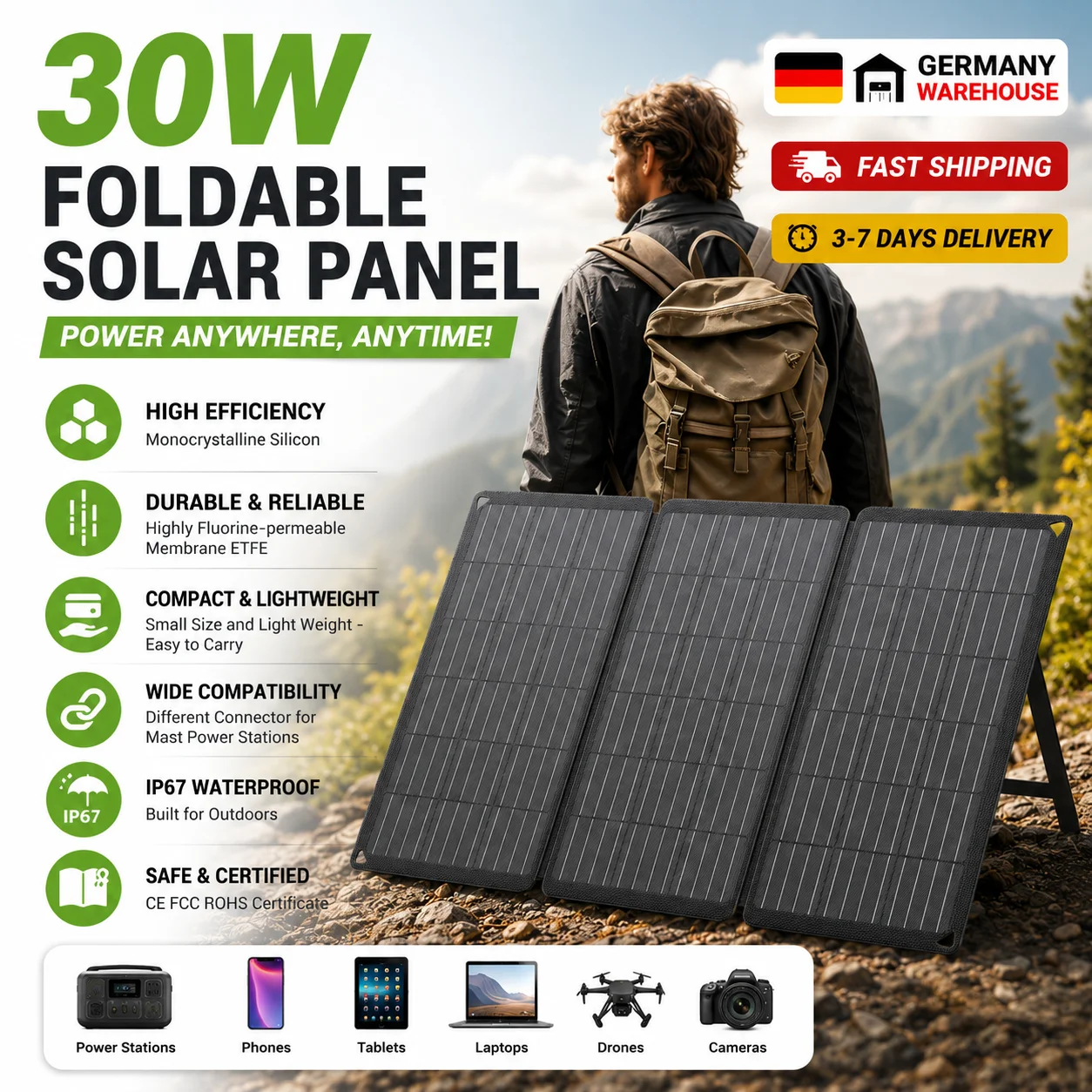 30W faltbares, tragbares Solarpanel, monokristallines Solarladegerät mit USB-C-, USB-A- und DC-Anschlüssen, IP67 wasserdicht, für iPhone, Android, Camping, Wandern und Outdoor-Aktivitäten
