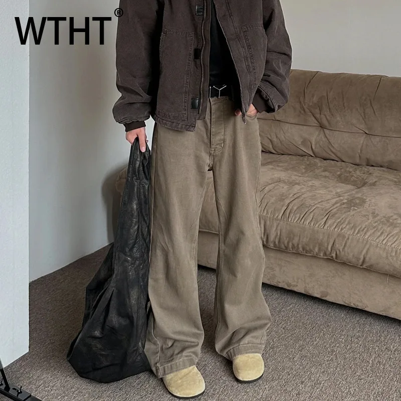 

WTHT Vintage Men's Soliod Color Straight Loose Denim Pants Fashion New American Style Wide Leg Casual Jeans Male 2A1341