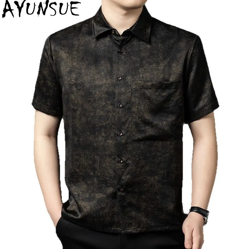 AYUNSUE 100% Natural Mulberry Silk Shirt for Man Luxury 2026 Short Sleeve Shirts High Quality Casual Gauze Silk Summer Top Men