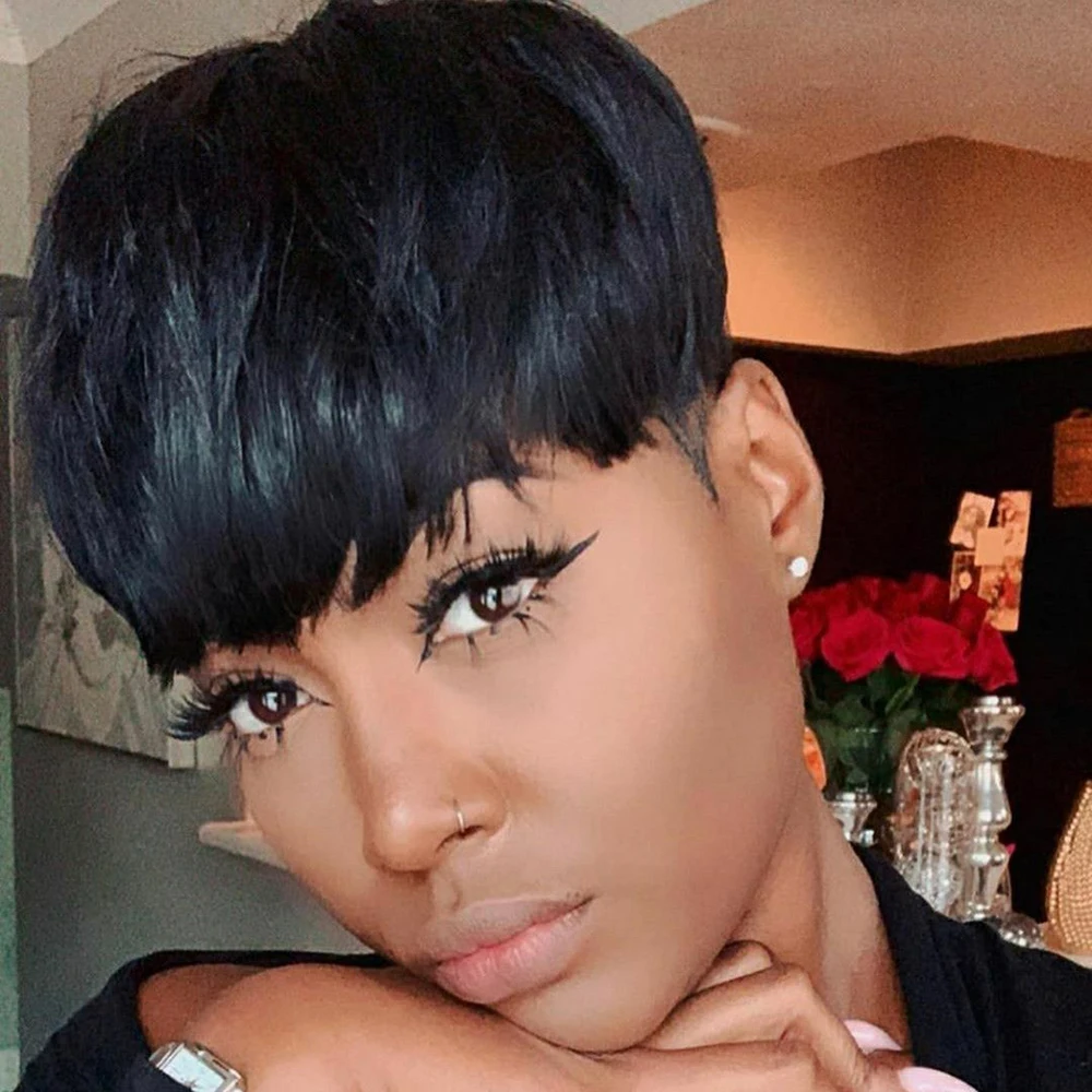 흑인 여성용 픽시컷 가발 레미 인모 숏 레이어드 가발 앞머리 포함 풀 머신 메이드 자연색 가발