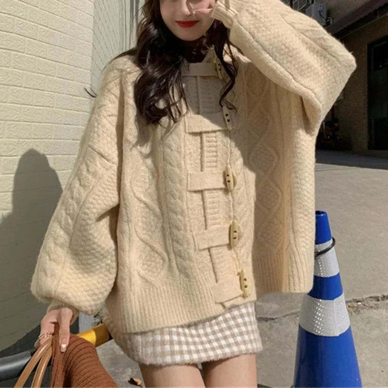 

Women Cardigan Knitted Sweaters Full Sleeve Hooded Horn Button Coats Warm Autumn Winter Jumpers Casual Splice Loose Streetwear