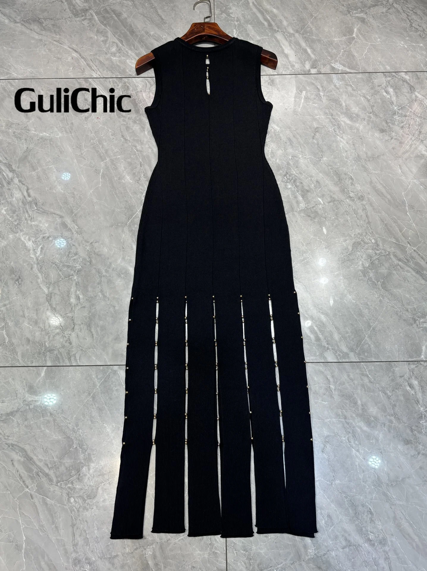 1.25 GuliChic Sexy Hollow Fringe Solid Color Long Dress 2024 Spring and Summer Women O-Neck Sleeveless Stretch Knit Long Dress